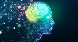 Artificial Intelligence (AI). Human head with a luminous brain network. 
