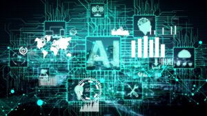 AI Learning and Artificial Intelligence conceptual - Icon Graphic Interface showing computer, machine thinking and AI Artificial Intelligence of Digital Robotic Devices.