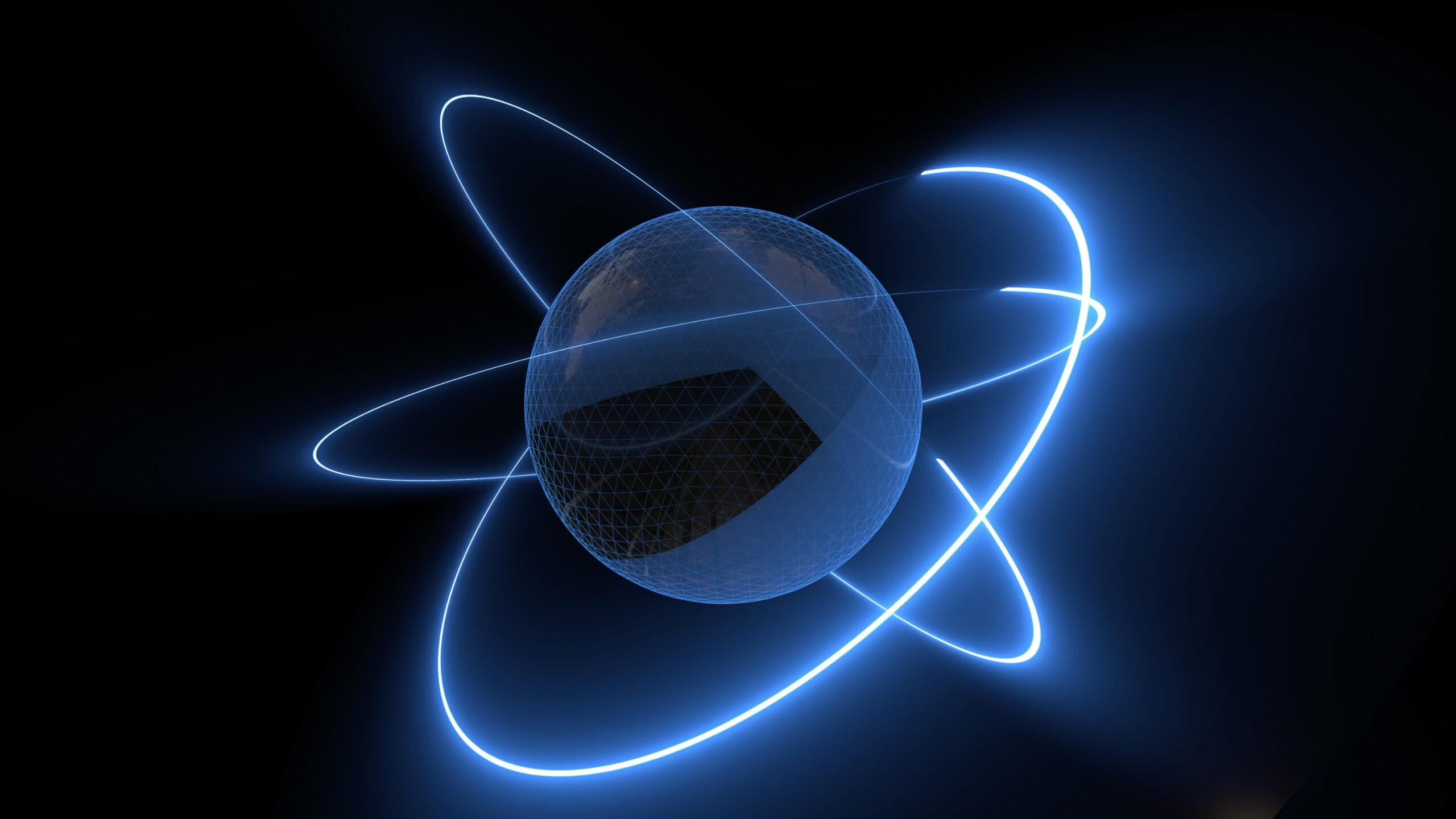 World as the nucleus of an atom to symbolize the quantum world.